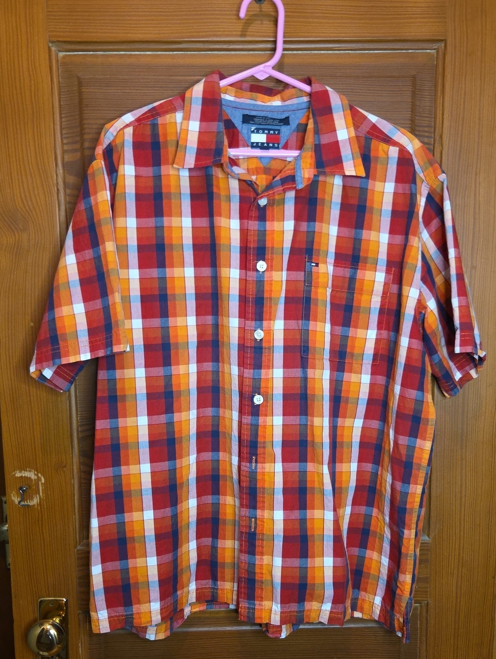 Tommy Hilfiger Red Orange Yellow Blue Plaid Short-Sleeve Shirt